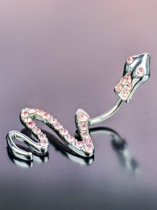 Piercing Navel Ring Cobra Snake with Pink Zircons Silver