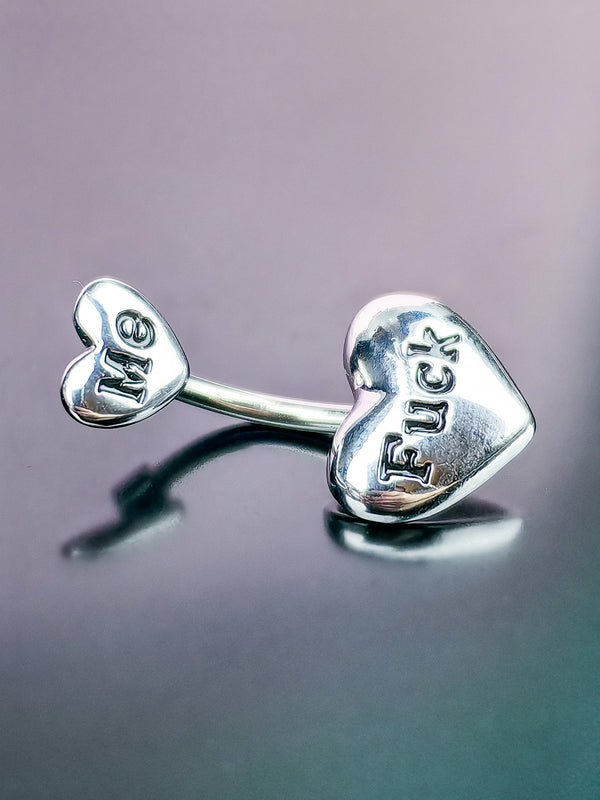 Piercing Belly Button Ring Heart with Inscription FUCK ME Silver