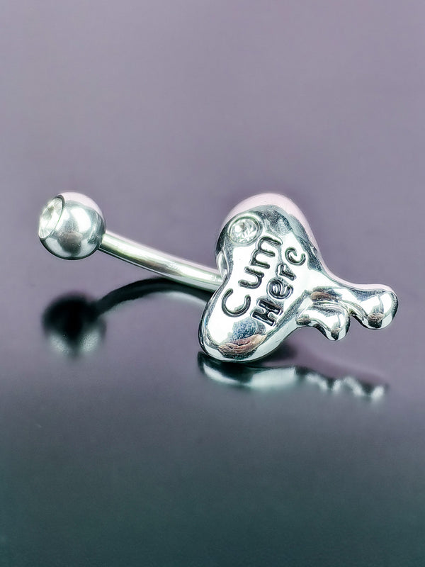 Piercing Belly Button Ring Dripping Heart with Inscription CUM HERE Silver