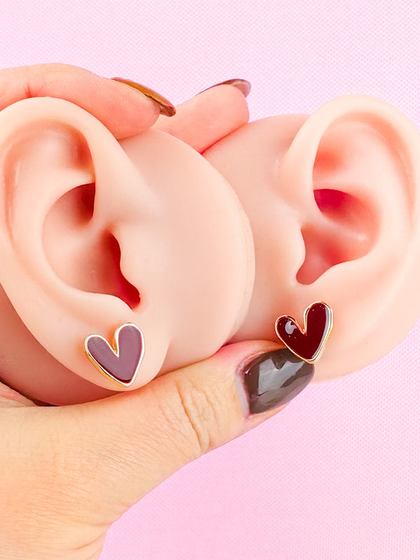 Burgundy Heart Ear Studs