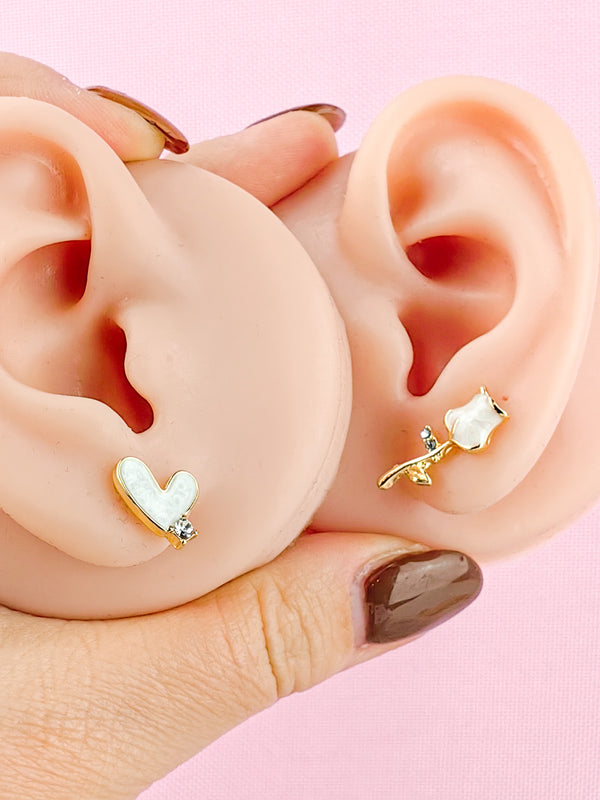 Asymmetrical Rose and Heart Ear Studs