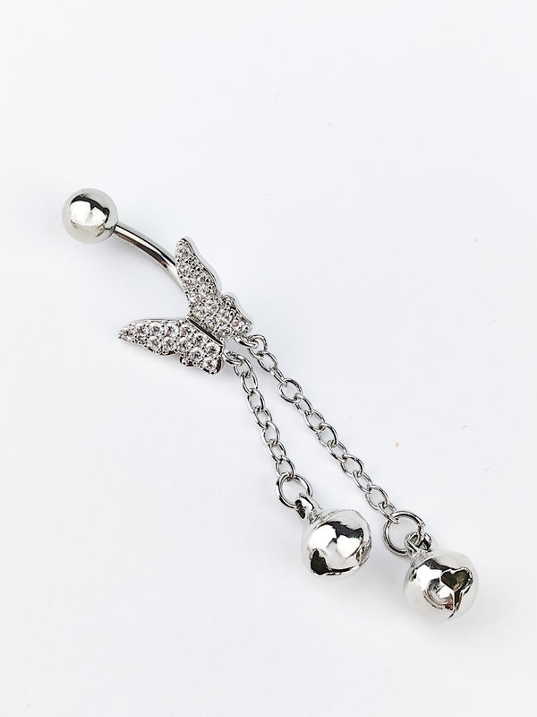 Piercing Belly Button Ring Butterfly with Bells on Chains Silver