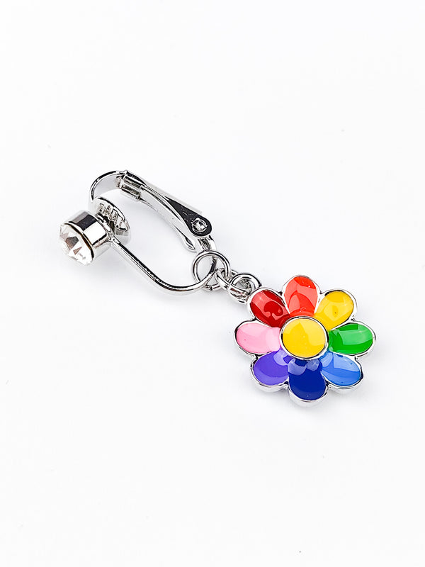 Fake Piercing Belly Button Ring Flower Colored Silver
